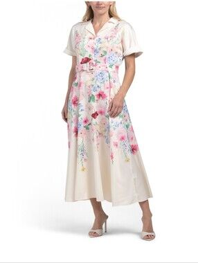 Nwt Large  Dalia  Macphee  Ecru Floral Midi Dress with Collar And Belt